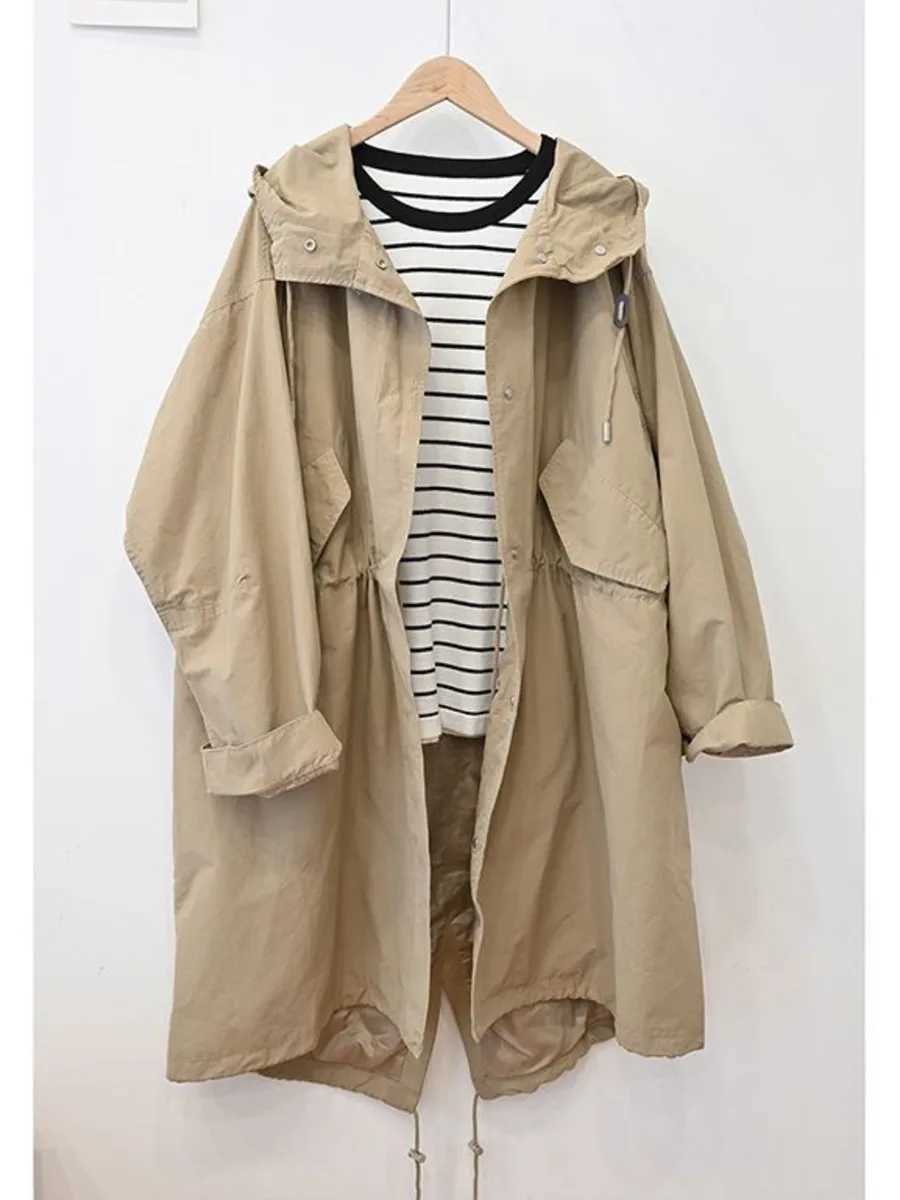 Korean Oversized Women Cargo Windbreaker Jacket Single-Breasted Long Trench Coat Drawstring Lady Spring Autumn Hooded CoatX240921