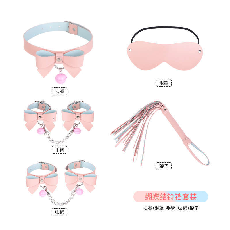 SM Prop Set 5-piece Bow Sex Collar Female Slave Training Bell Handcuffs Macaron SM Leather Whip