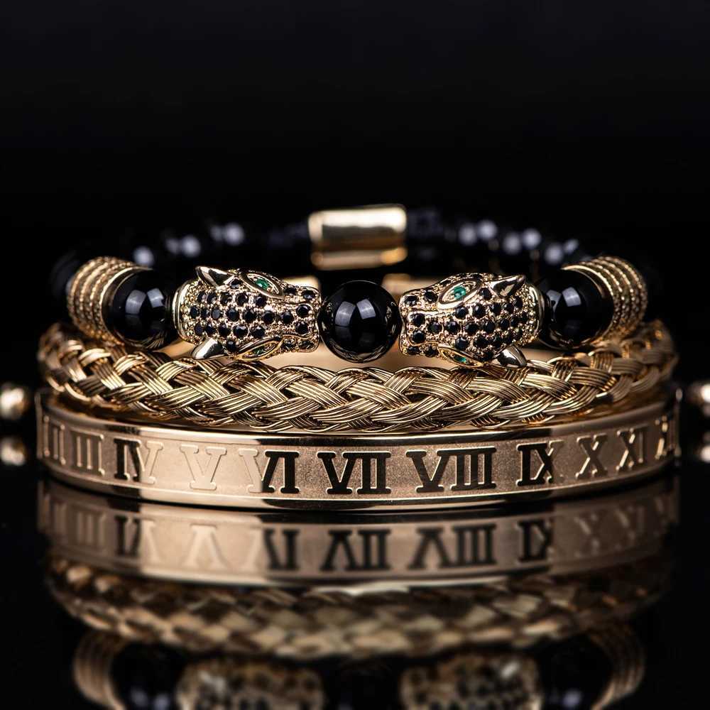 3PCS Mens Premium Black Agate Beaded Bracelet Set - Double Leopard Head Roman Numerals Adjustable Braided Design BraceletsX240921