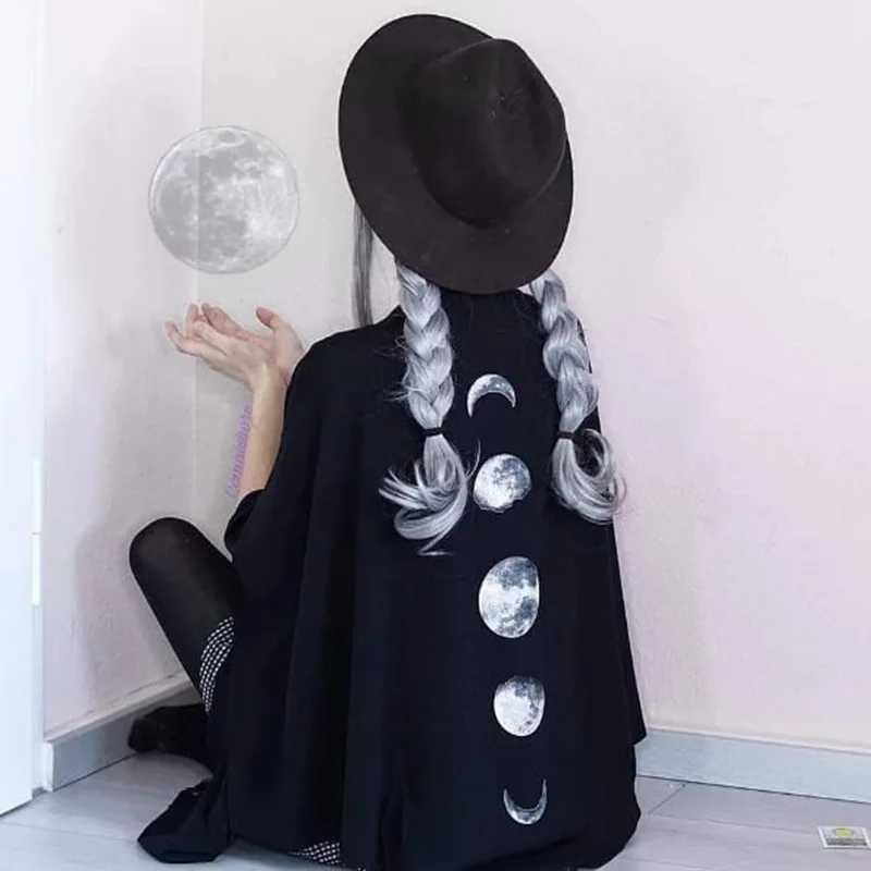 FICHOR Gothic Moonphase Womens Black Cloak Autumn/Winter Geometric Y2k Graphic Gothic Coat Large Irregular Raincoat for Women W240921
