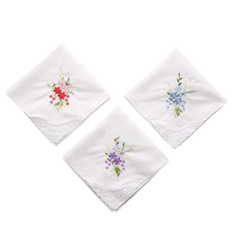 Cotton Ladies Handkerchiefs Vintage Floral Style Lace Edging Wedding Party Embroidery Women Girls Flower Hanky Drop ShippingX240921