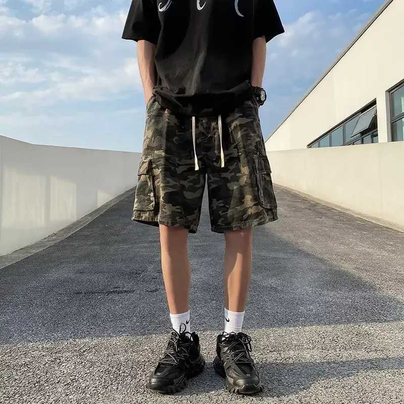 Vintage American Style Camouflage Cargo Pants For Men Loose Fit Ins Trendy Brand Oversize Drawstring Casual ShortsX240921