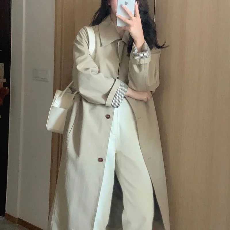 Elegant Fashion Trench Coat Women Autumn Single Breasted Turn Down Collar Long Sleeve Mid Length Coat Korean Streetwear Bf CoatX240921