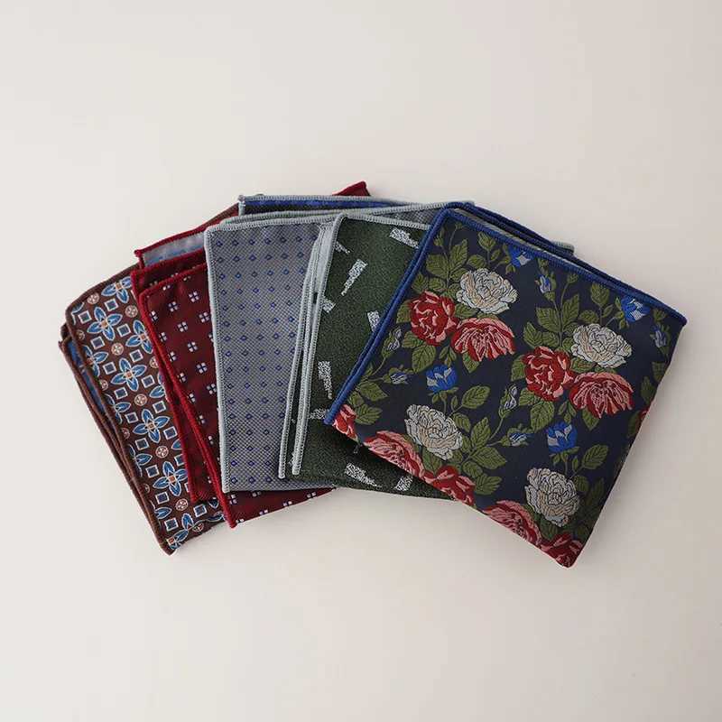 23cm New Design Mens Green Brown Pocket Square Floral Polyester Soft Handkerchief Wedding Party Tuxedo Accessories Cravat HankyX240921