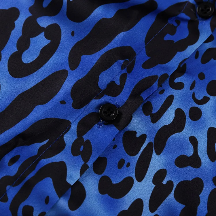 Women Long Sleeve Leopard Print Blouses Suits With Long Pants Fashion Blue Two Piece Sets Tracksuits Ladies Outfits 240918