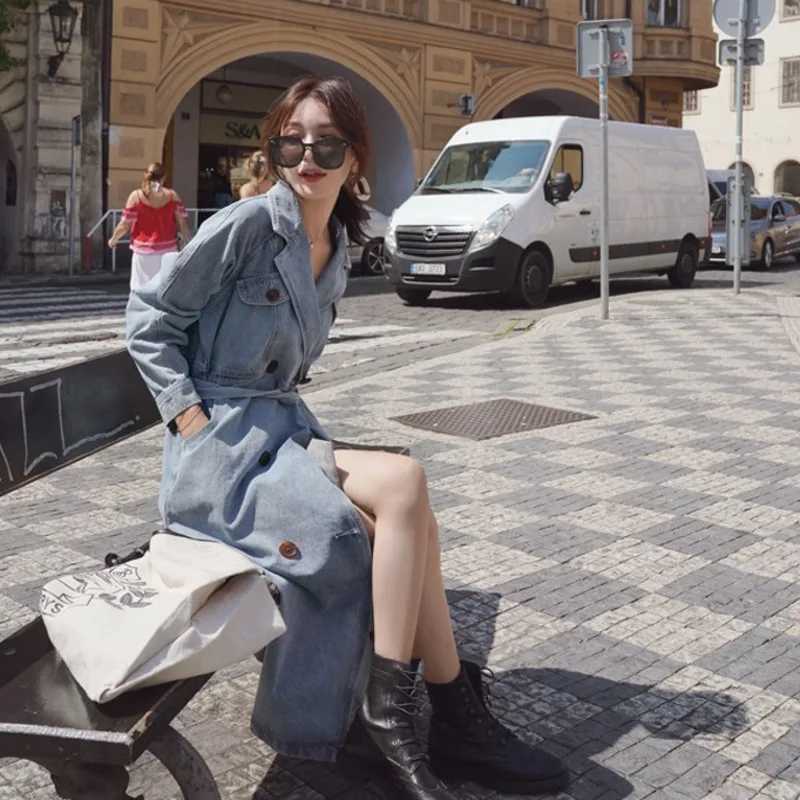 Womens Denim Trench Coat New Spring And Autumn Loose Denim Coats Windbreaker Fashion Wild Long Trench Coat Female Manteau FemmeX240921