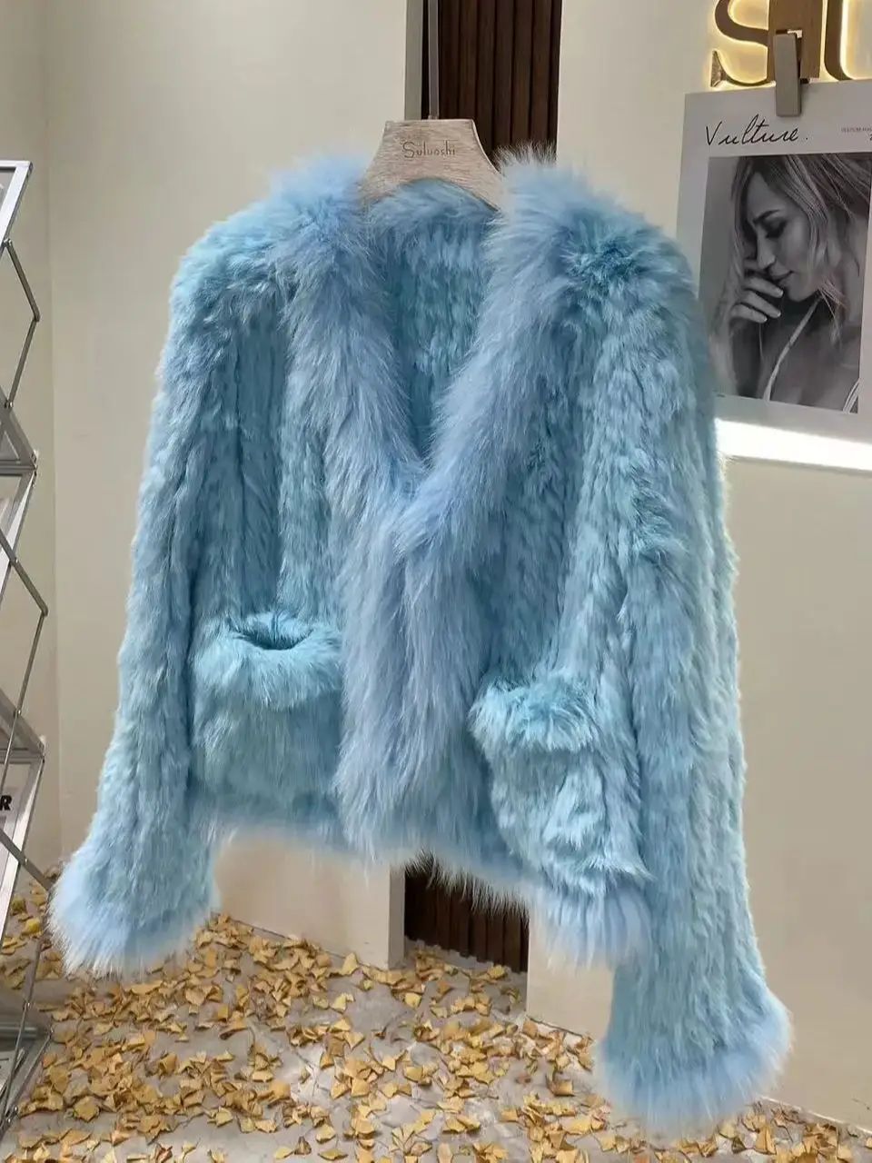 Women's Natural Rabbit Knitted Coats Real Fox Fur Jackets Thick Warm Clothing Casual Outwear, Female Fashion, , New