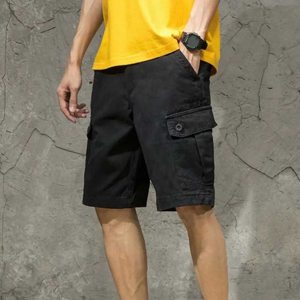 Men Cargo Shorts Joggers Shorts Work Casual Pants Male Multi Pockets Buttons Loose Wide Leg Knee Length Summer ShortsX240921