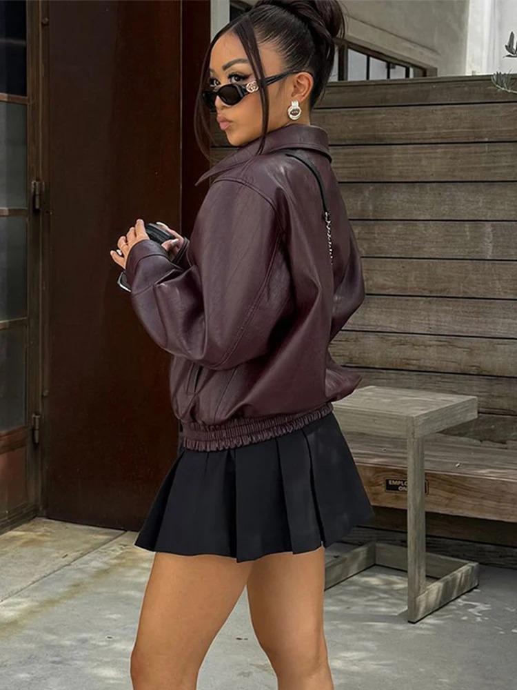 Retro Zipper Leather Short Jackets Women Autumn Casual Long Sleeve Lapel Solid Jacket Coat Lady New Loose High Street Outwear