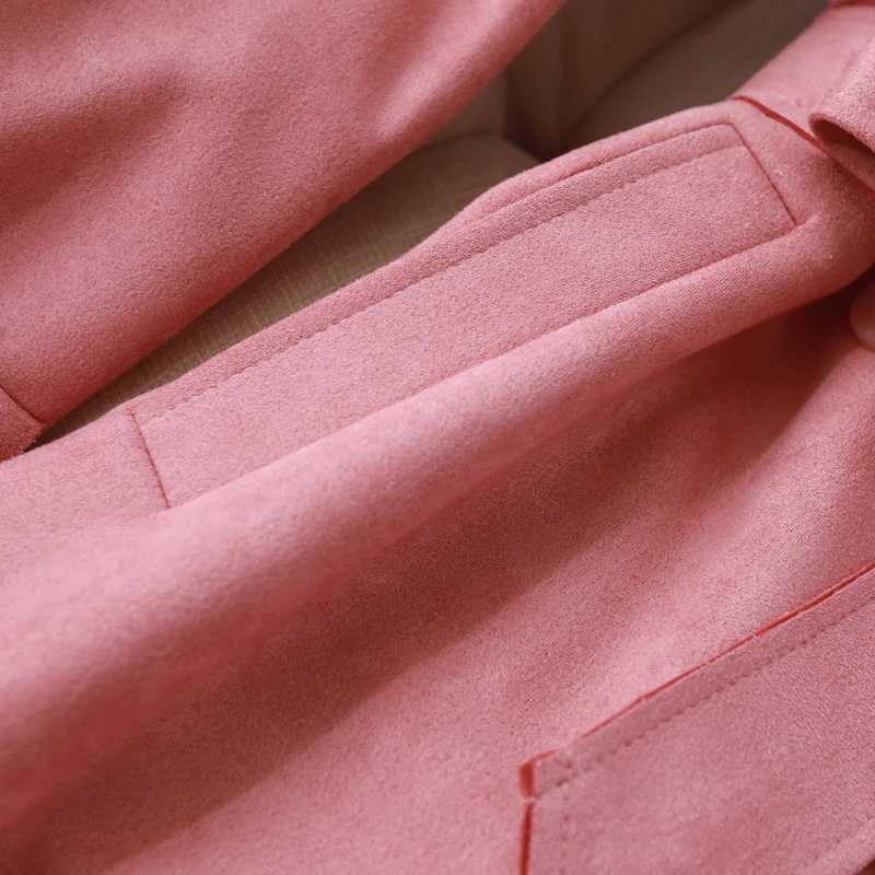 New Womens Belt windbreaker Coat Retro Korean Long Thin Chamois Suede Trench Jacket Top Female Autumn Double-Breasted OuterwearX240921