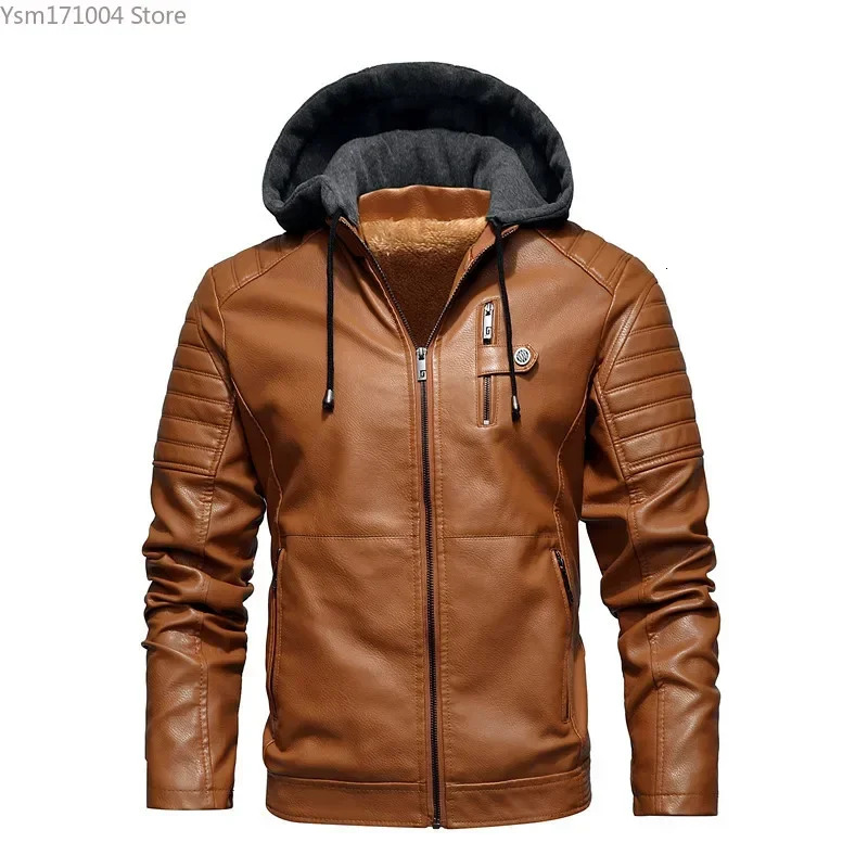 Winter Men's Leather High-Quality Men Cashmere Thicken Warm Street Motorcycle PU Jacket Korean Fashion Mens Hooded Coats
