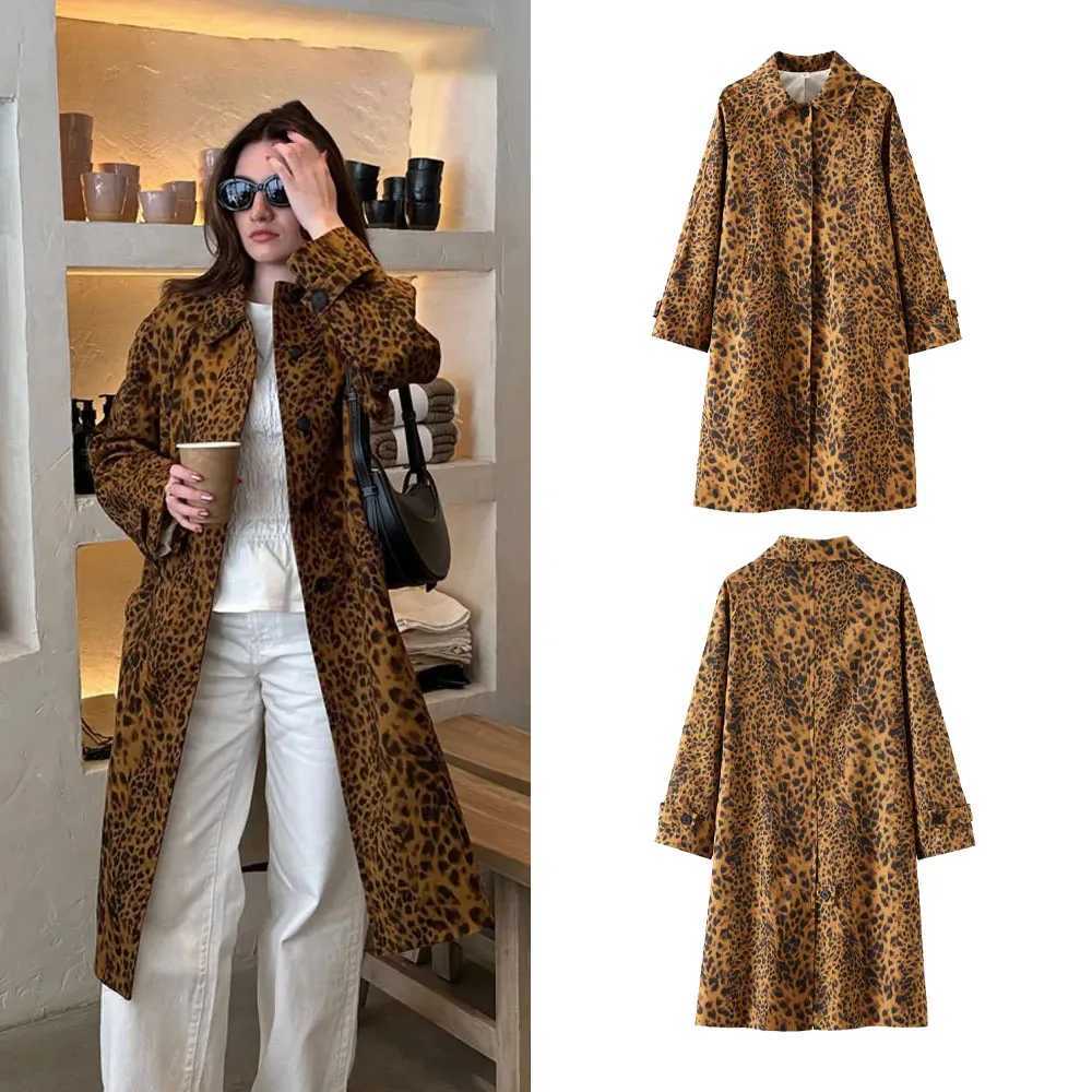 PRINTKAOIR 2024 Autumn Leopard Print Women Oversize Trench Long Sleeve Mid Length Loose Jacket Female Coat Streetwear Y2KX240921