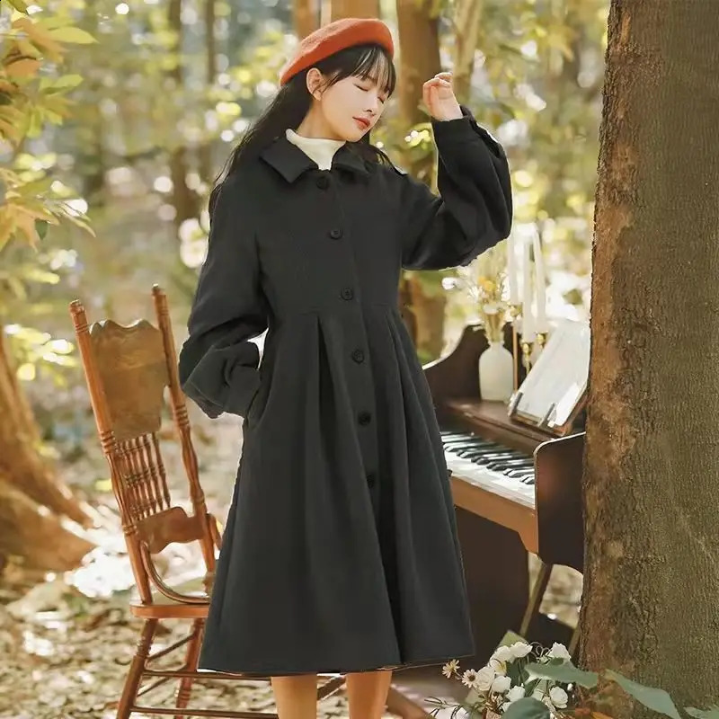 Woolen Coats French Vintage Women Autumn Winter Elegant Pleated Long Coat Female Sweet Lantern Sleeve Jackets 240918