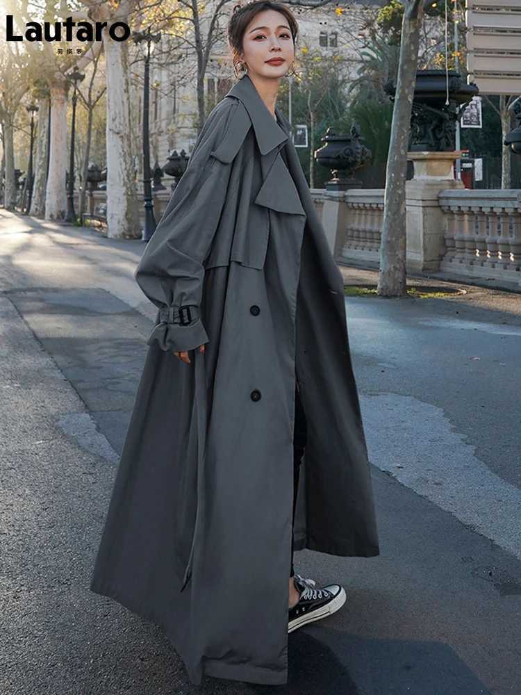 Lautaro Spring Autumn Extra Long Flowy Oversized Casual Trench Coat for Women Belt Double Breasted Loose Korean Fashion 2022X240921