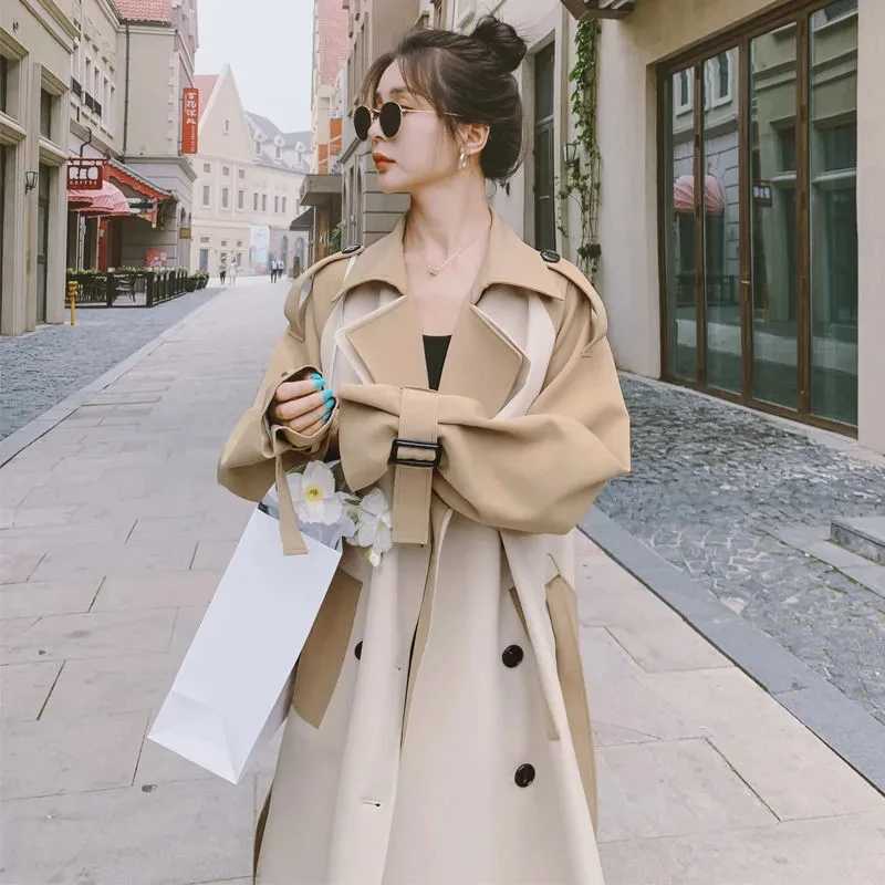 Trench Coat Women 2023 Spring Autumn New Korean Loose Senior Sense Windbreaker Jacket Female Large Size Stitching Long OuterwearX240921