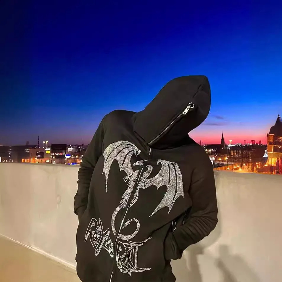 Y2K fashion retro street zipper hooded sweater fire dragon pattern neutral sports fancy long sleeve sweater 240912