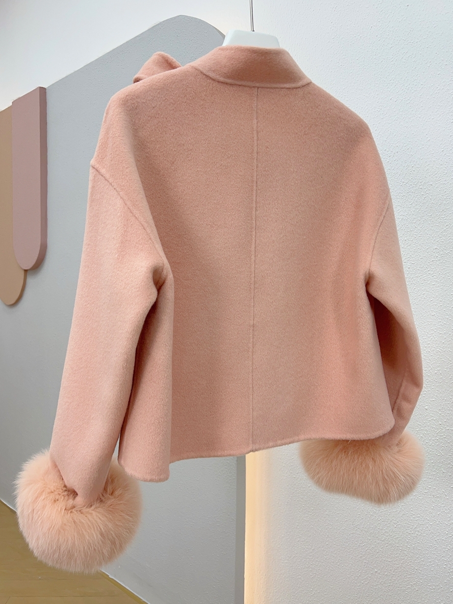 2024 New Winter Cashmere Wool Woolen Women Jacket Real Natural Fox Fur Cuff Ladies Outwear Female Coat