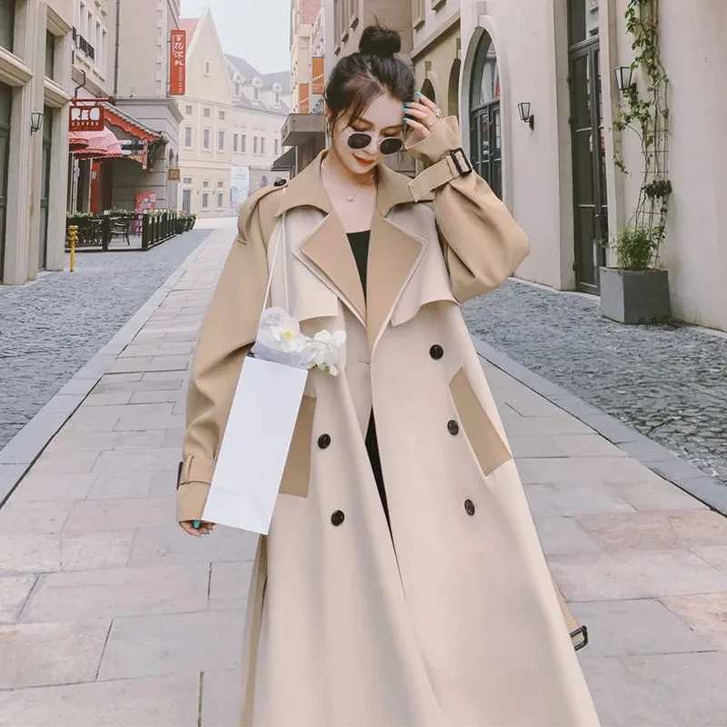 Trench Coat Women 2023 Spring Autumn New Korean Loose Senior Sense Windbreaker Jacket Female Large Size Stitching Long OuterwearX240921