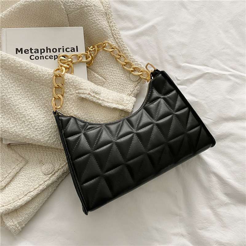 Women's Dia Pattern Shoulder PU Leather Solid Color Niche Chain Handbag Fashion Females Underarm Shopping Bag