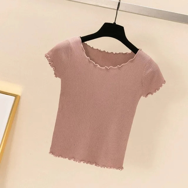 Designer Knitted Ice Silk Sleeves Women's T-shirt 2024 New Style Slimming Ruffle Collar Black Ear Edge High Waist Short Top Free Shipping
