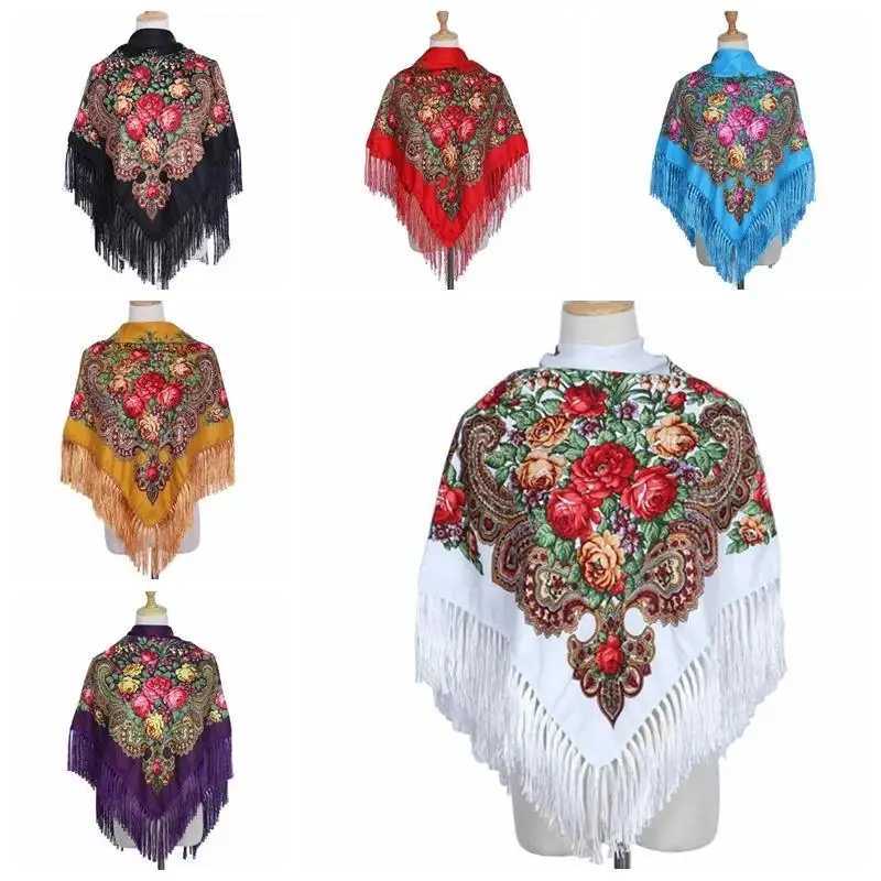 Womens shawl retro ethnic style small square scarf four sided tassel printed flower travel warm and dustproof womens headscarf W240921