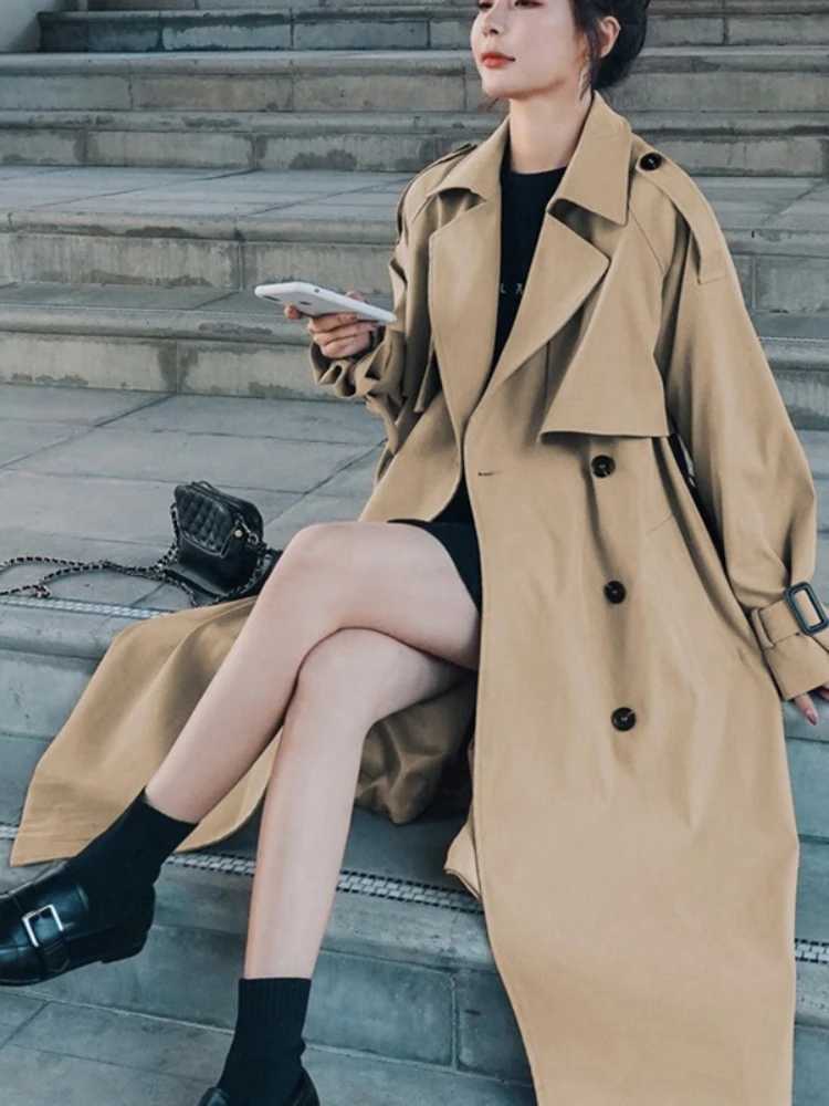 2023 Spring Fall Khaki Long Trench Coats For Women Elegant Korean Loose Overcoats Casual Fashion Streetwear WindbreakerX240921