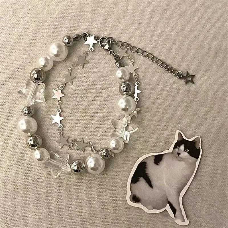 Star Pentagram Pearl Beaded Bracelet for Women Harajuku Crystal Vintage Aesthetic Charm Double Layer Chain Bracelet Jewelry GiftX240921