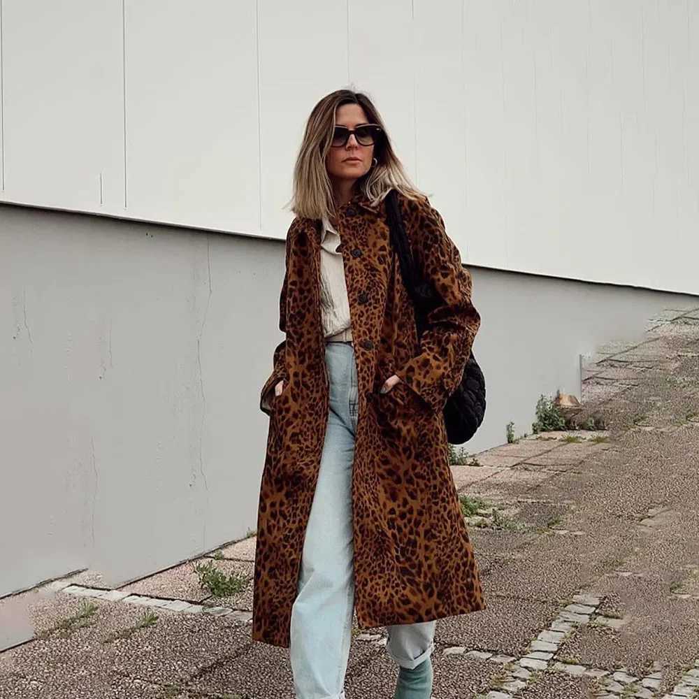 PRINTKAOIR 2024 Autumn Leopard Print Women Oversize Trench Long Sleeve Mid Length Loose Jacket Female Coat Streetwear Y2KX240921