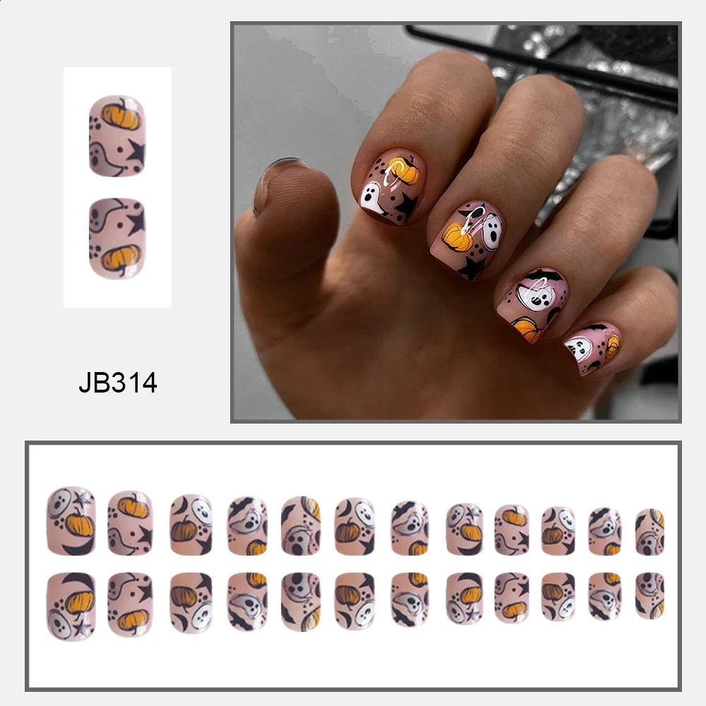 24pcs Simple Ghost Cartoon Wearable French Short Nails Square Head False Nail Press On Nails Manicure Tool 240914
