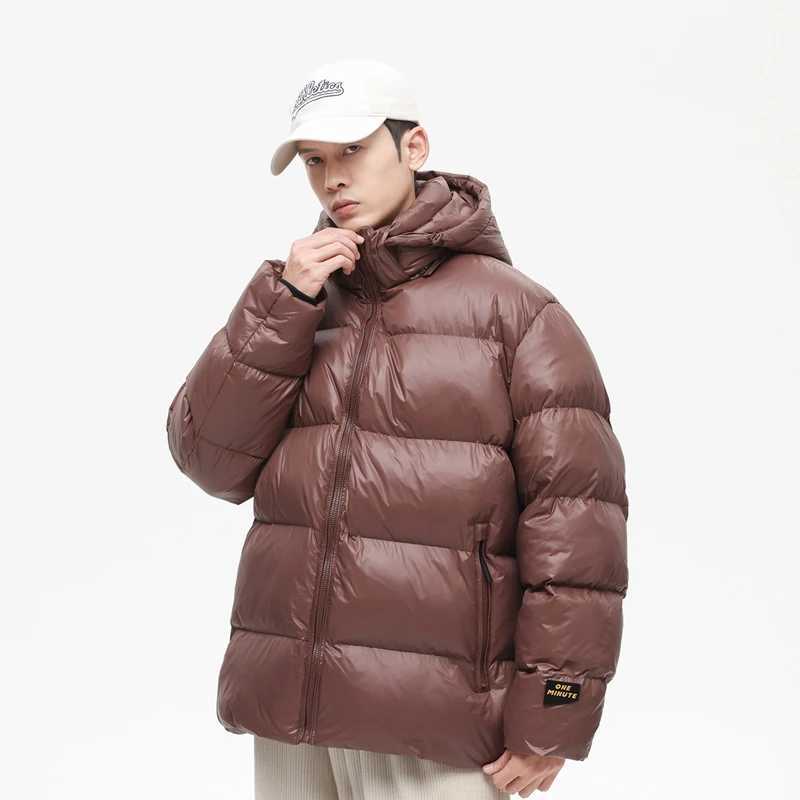 Mens hooded zipper Parkas inflatable jacket padded with cotton solid color hooded belt warm jacket mens winter jacket W240920