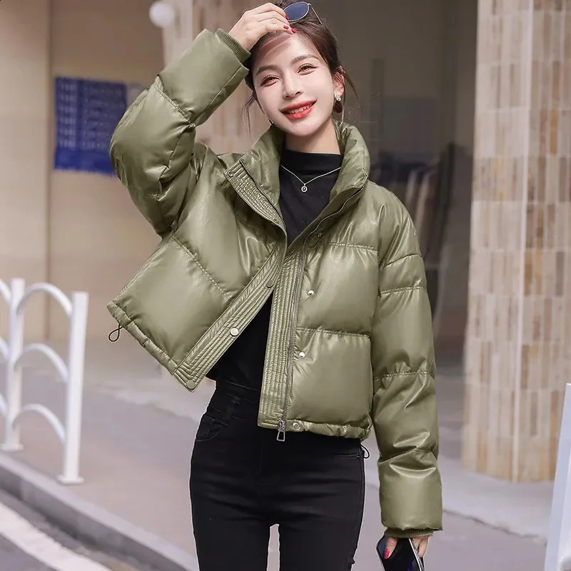 CoffeeMaillard Stand Up Collar Short 2024 Winter Petite Fashion Bread Warm Thickened PU Leather Down Cotton Jacket For Women 240919
