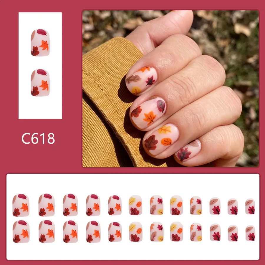 24Pcs Short Square Press on Nail Fiery Red Maple Leaves Gentle Falling leave Fake Nail Autumn and Winter wearable Nail for Women 240914