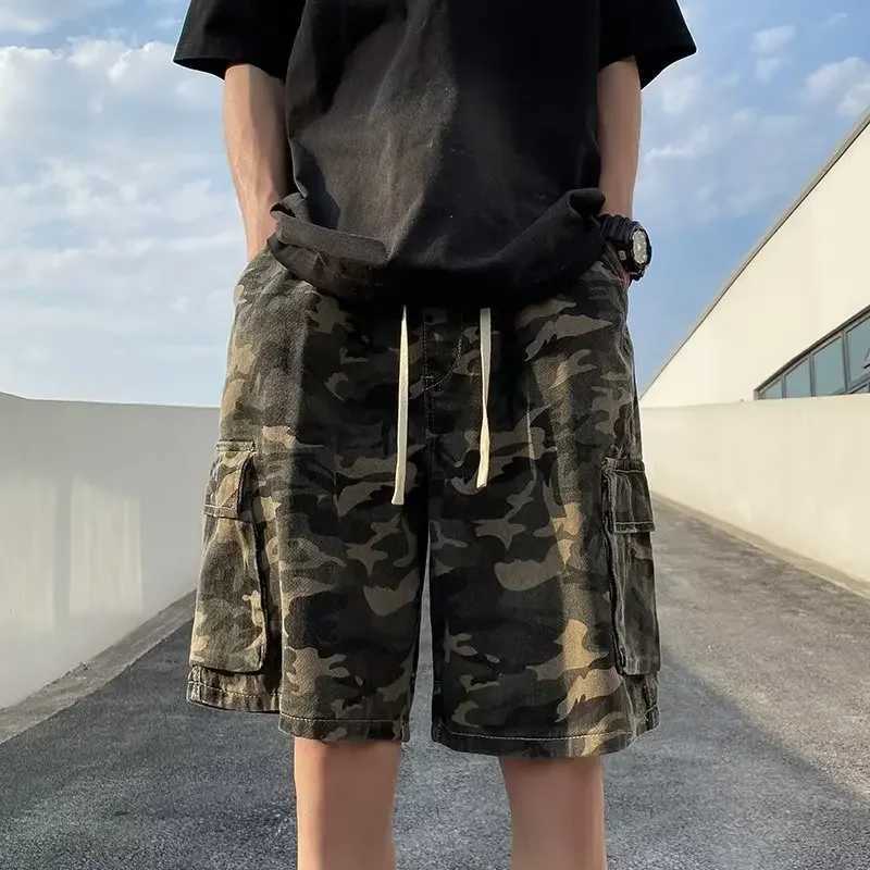 Vintage American Style Camouflage Cargo Pants For Men Loose Fit Ins Trendy Brand Oversize Drawstring Casual ShortsX240921