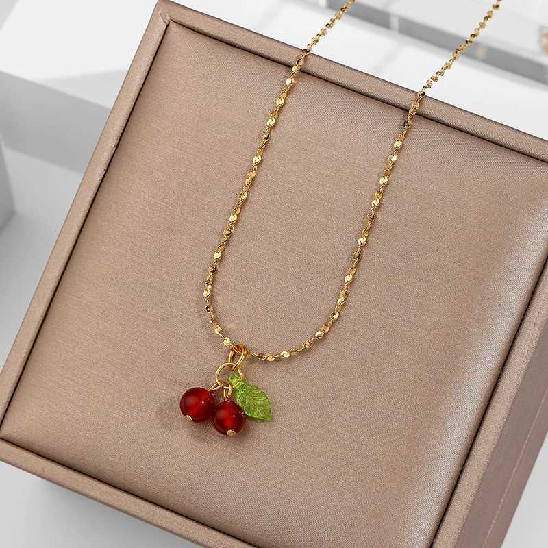 316L Stainless Steel Cherry Necklace Natural Stone Bead Pendant Necklace Womens Fashion Wedding Jewelry Birthday Gift W240918