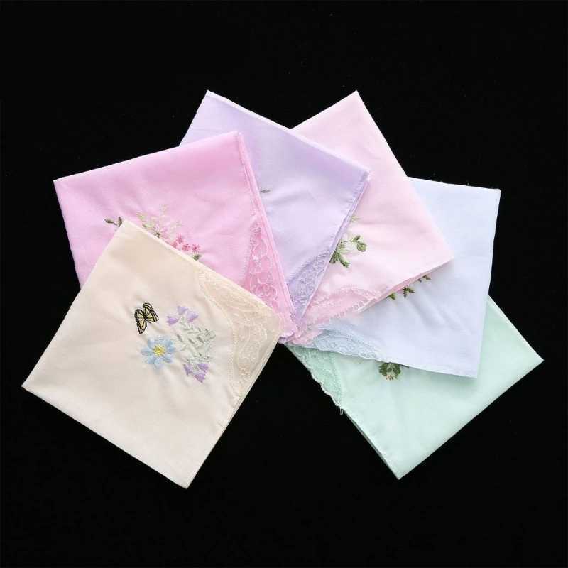 Cotton Ladies Handkerchiefs Vintage Floral Style Lace Edging Wedding Party Embroidery Women Girls Flower Hanky 28cm WholesaleX240921