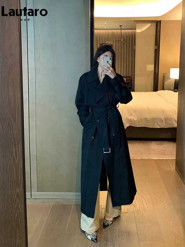 Lautaro Spring Autumn Long Black Hard Waterproof Trench Coat for Women Belt Double Breasted High Quality Luxury Overcoat 2024X240921