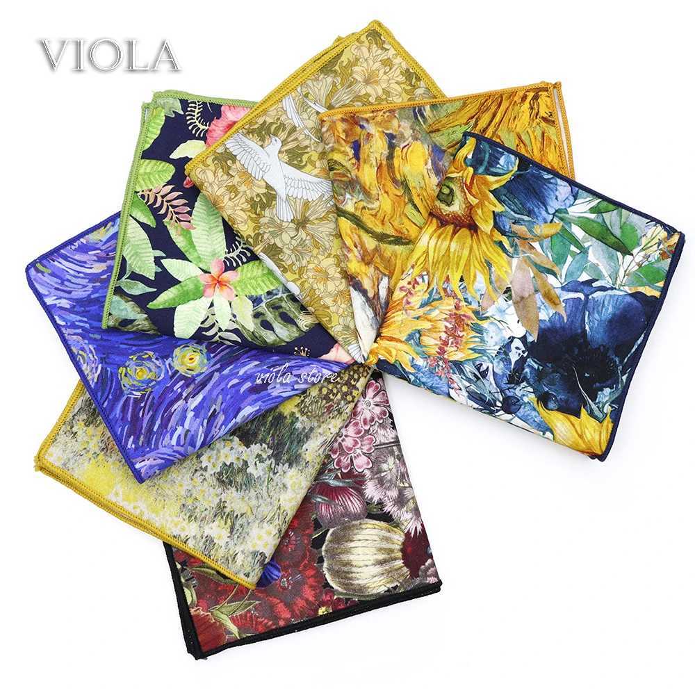 New retro garden oil painting 23cm hand-painted 100% cotton sunflower womens wedding party set pocket square gift accessories W240921