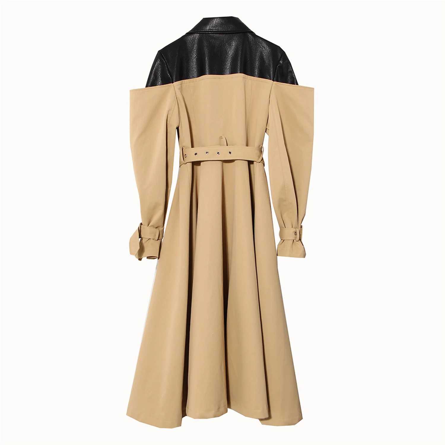 Patchwork Long Coat PU Neckline Womens Long Jacket Autumn Khaki Coats With Belt For Women New Fashion High Quality OutfitX240921