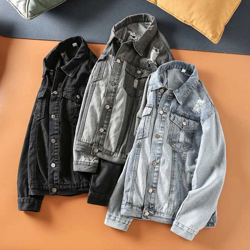 American new fashion retro wash trend hole men Y2K street Harajuku hip-hop casual clown frog denim jacket couple top W241011