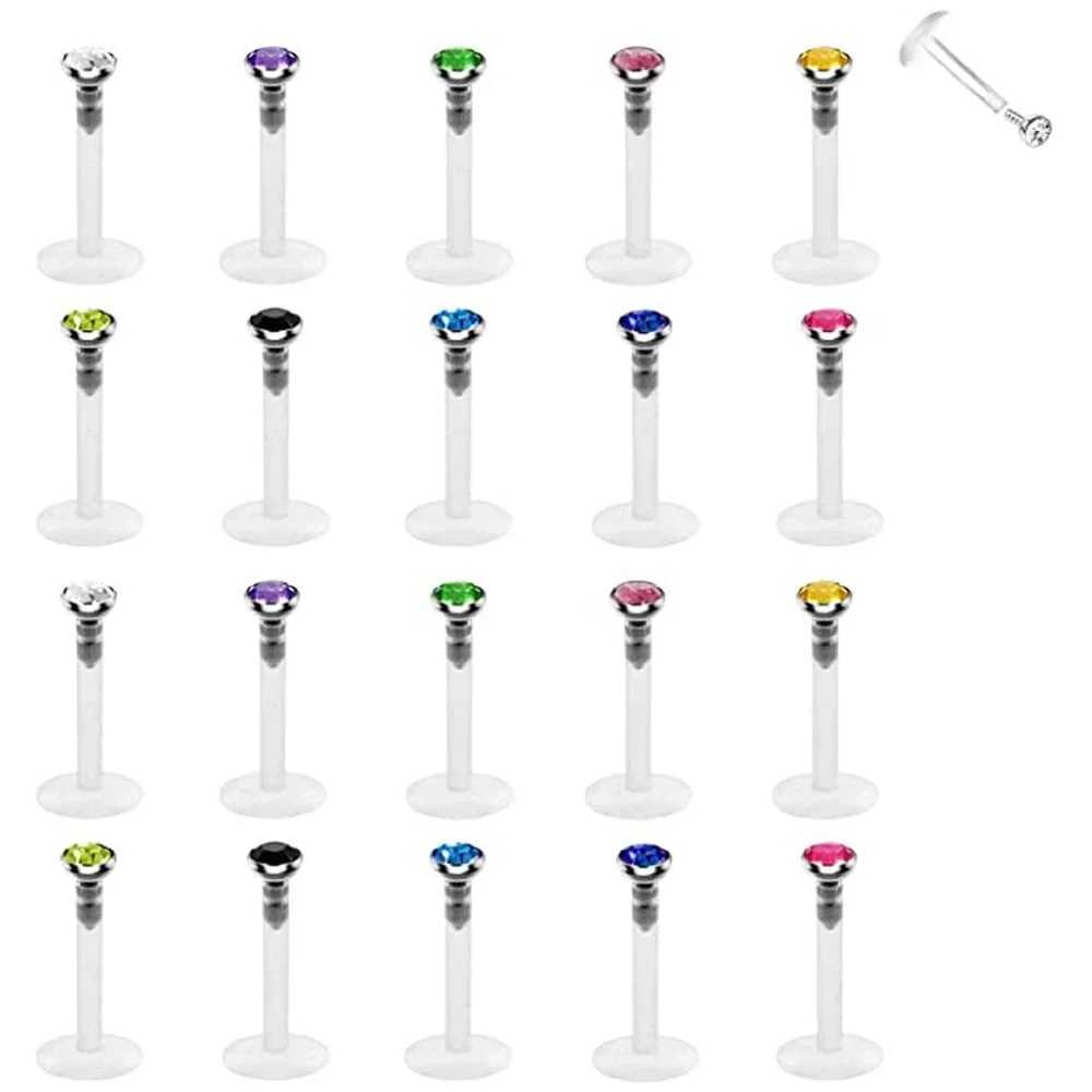 20pcs Tragus Retainer Clear Lip Studs Flexible Acrylic 2mm CZ Gem Labret Monroe Lip Ring/Helix/Cartilage Earring Stud Y240921