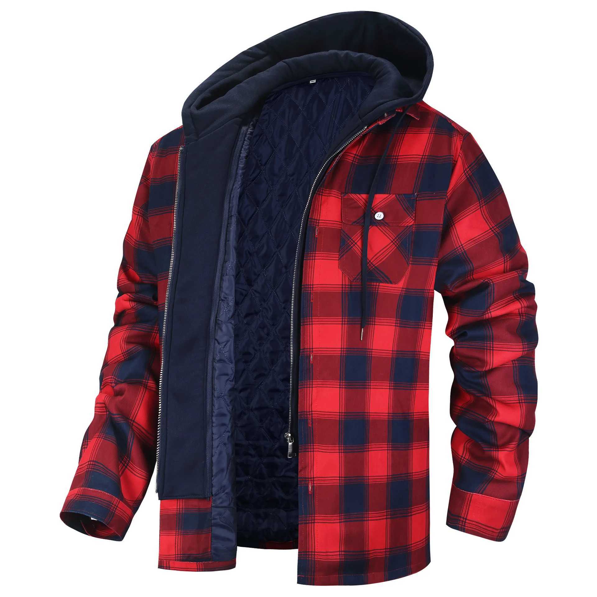 Winter plaid hoodie mens loose thick cotton windproof jacket warm and comfortable outdoor multi-color casual clothing W240920