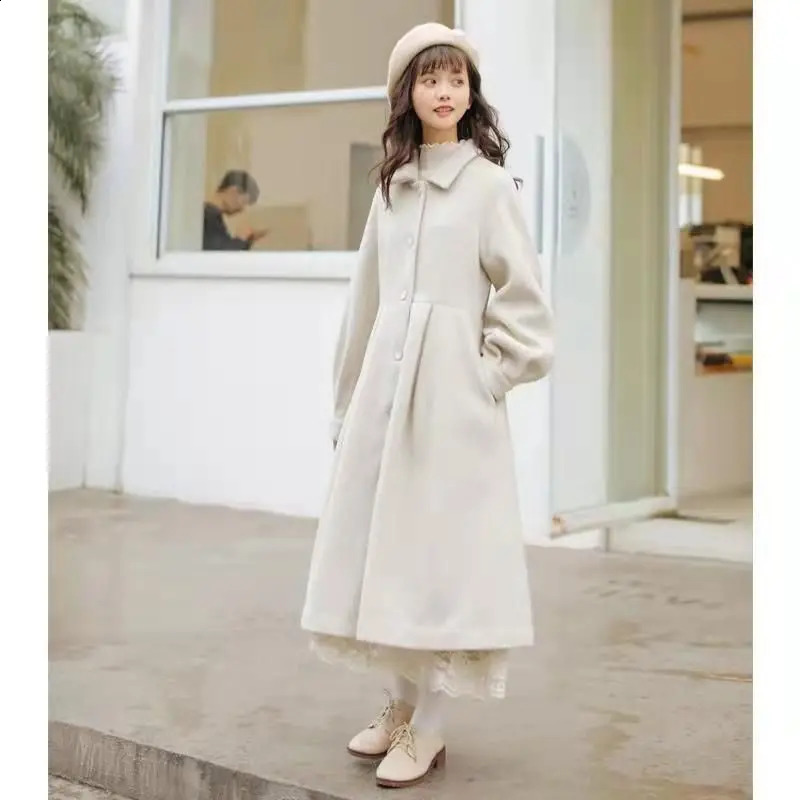 Woolen Coats French Vintage Women Autumn Winter Elegant Pleated Long Coat Female Sweet Lantern Sleeve Jackets 240918