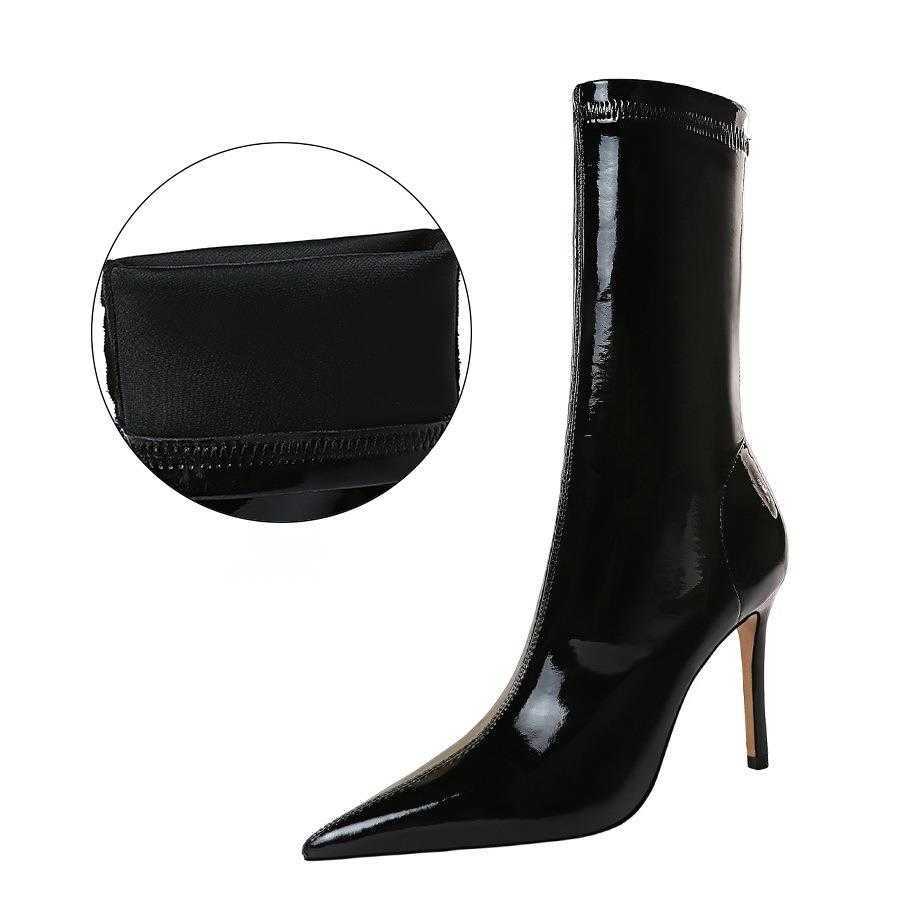 CMM Fashion Sexy Nightclub Slim Shiny Lacquer Leather Elastic Slim Pointed Short Boots Winter Slim Boots