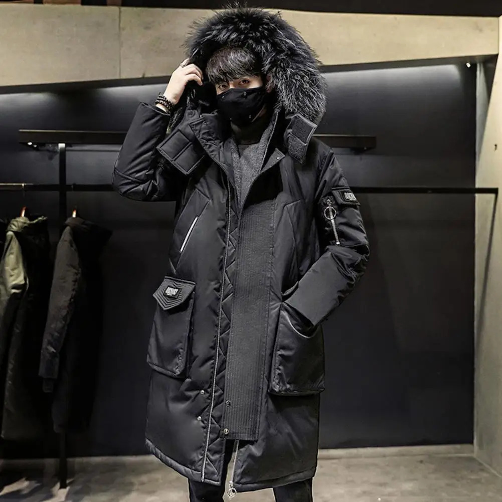 Men Down Jacket Cold Weather Outerwear Fur Collar Hooded Long Sleeve Winter Coat Zipper Placket Pockets Thickened Puffer Coat 240909