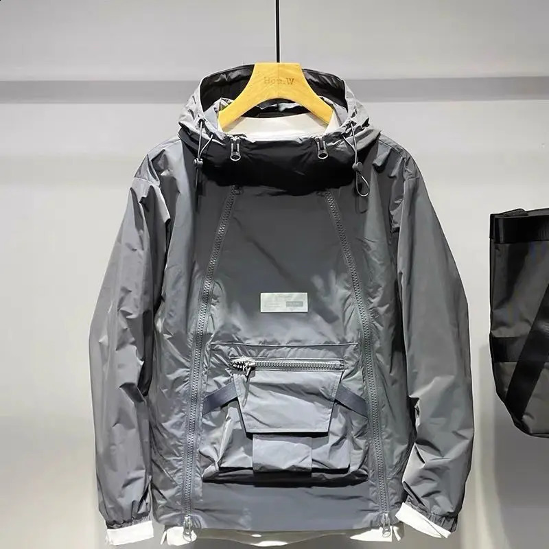 Spring Autumn Mens Fashion Double Zip Hooded Outdoor Jacket Black Coat Pocket Sportswear 240920