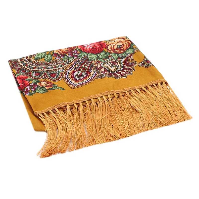 Womens shawl retro ethnic style small square scarf four sided tassel printed flower travel warm and dustproof womens headscarf W240921