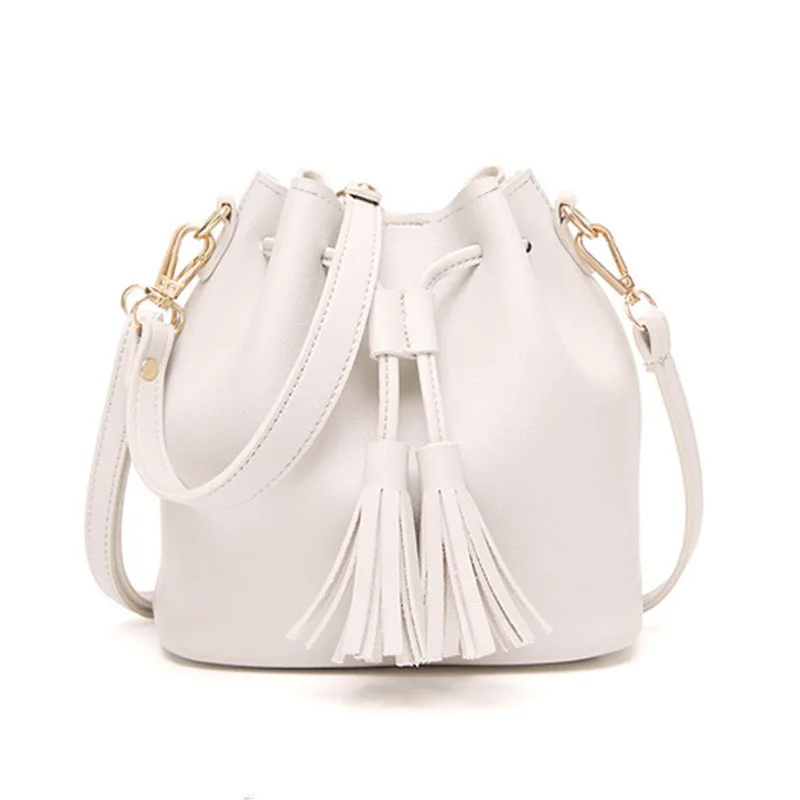 New Women Bucket Bag Women PU Leather Shoulder Bags Ladies Crossbody Messenger Bags Tassel Drawstring Ladies Handbag Brown Bag
