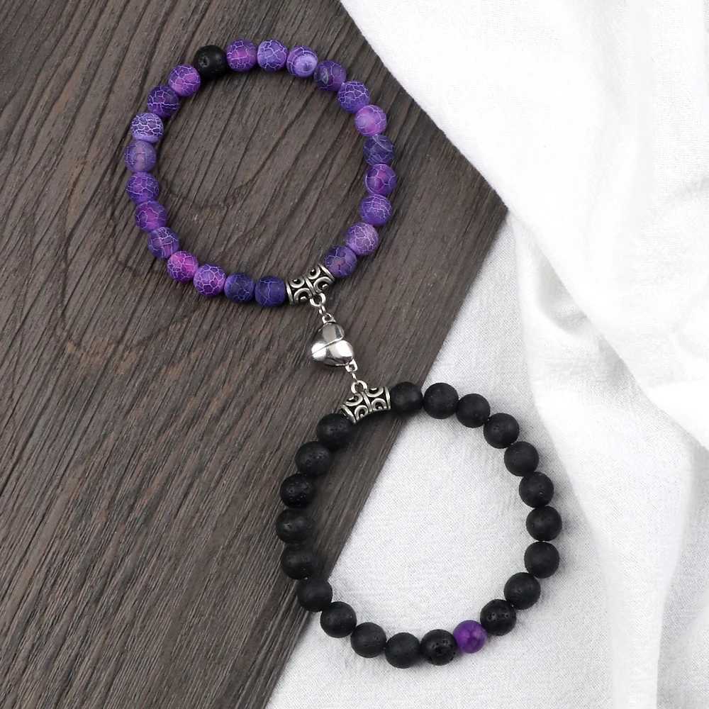 2Pcs/Set Romantic Heart Shape Magnet Pendant Bracelets 6 8MM Weathered Stone Bangles Jewelry Couple Handmade Strench Pulsera NewX240921