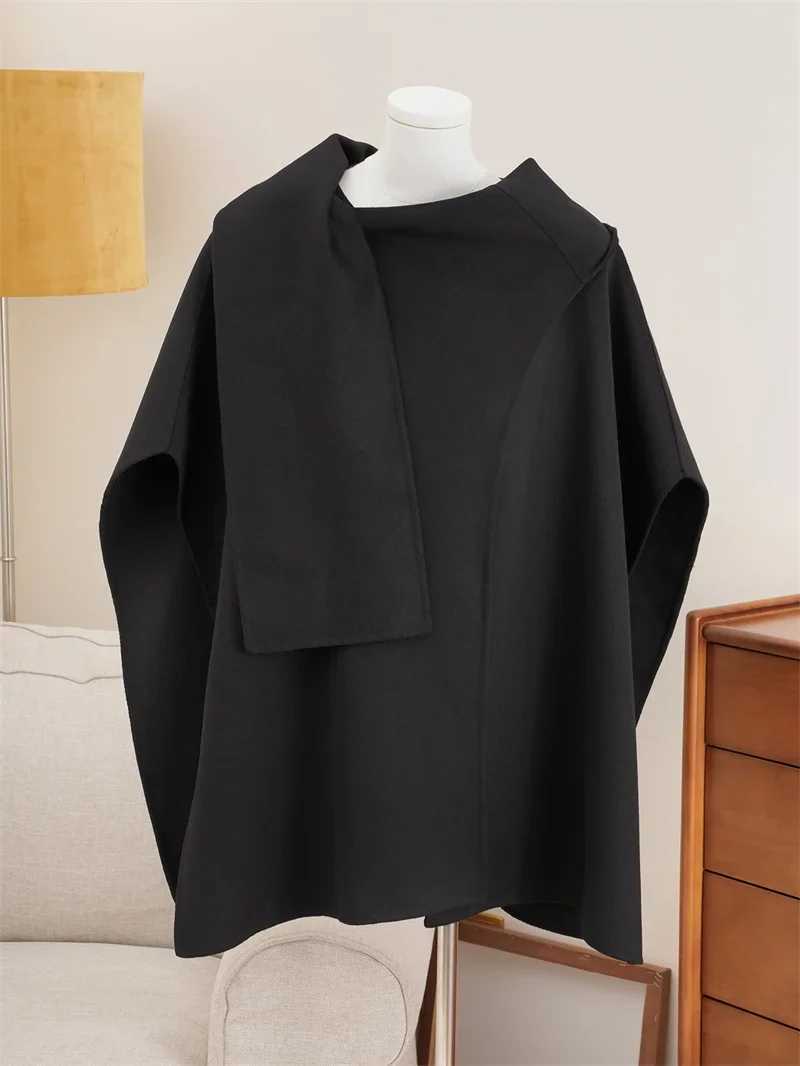 Womens Fashion Jacket Cape Town Style Irregular Wool Black or Deep Blue or Grey Jacket 2024 Autumn Winter Womens Jacket Top W240921