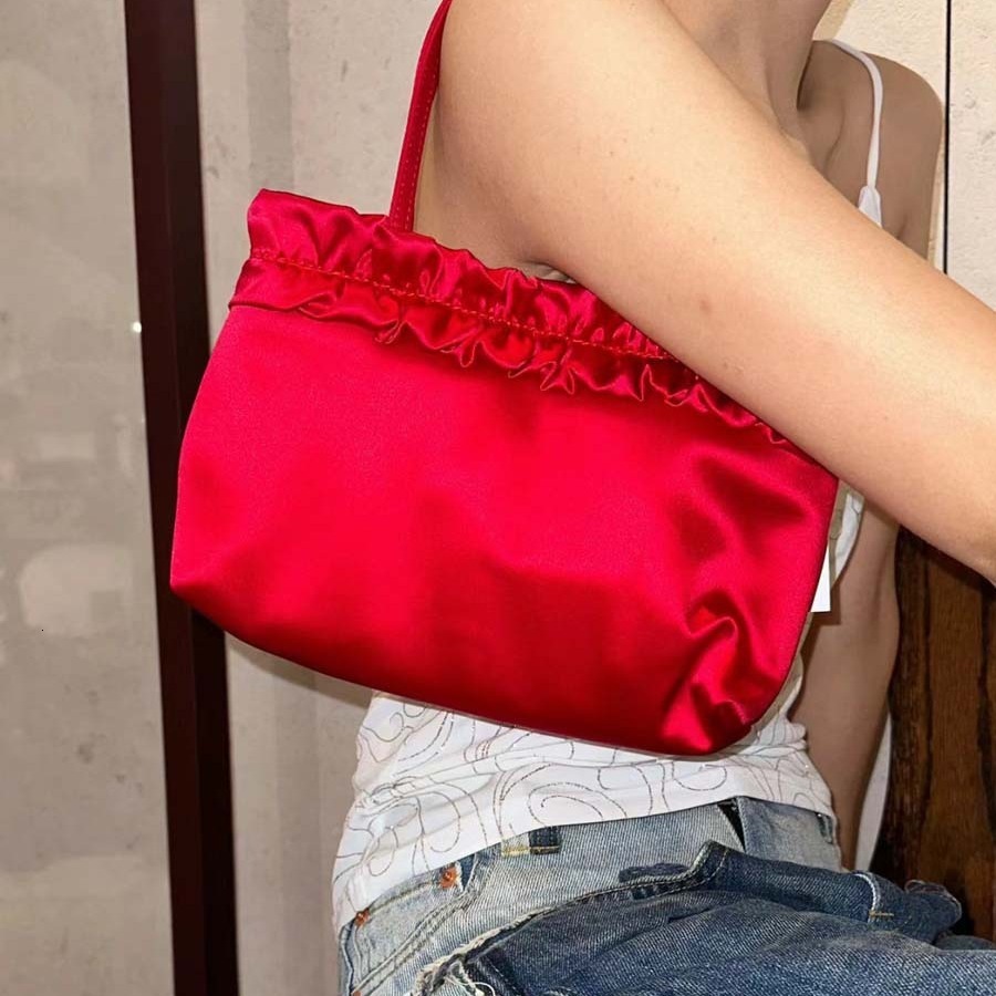 Red crossbody bridal niche handmade satin lace flower underarm 2024 new shoulder bag